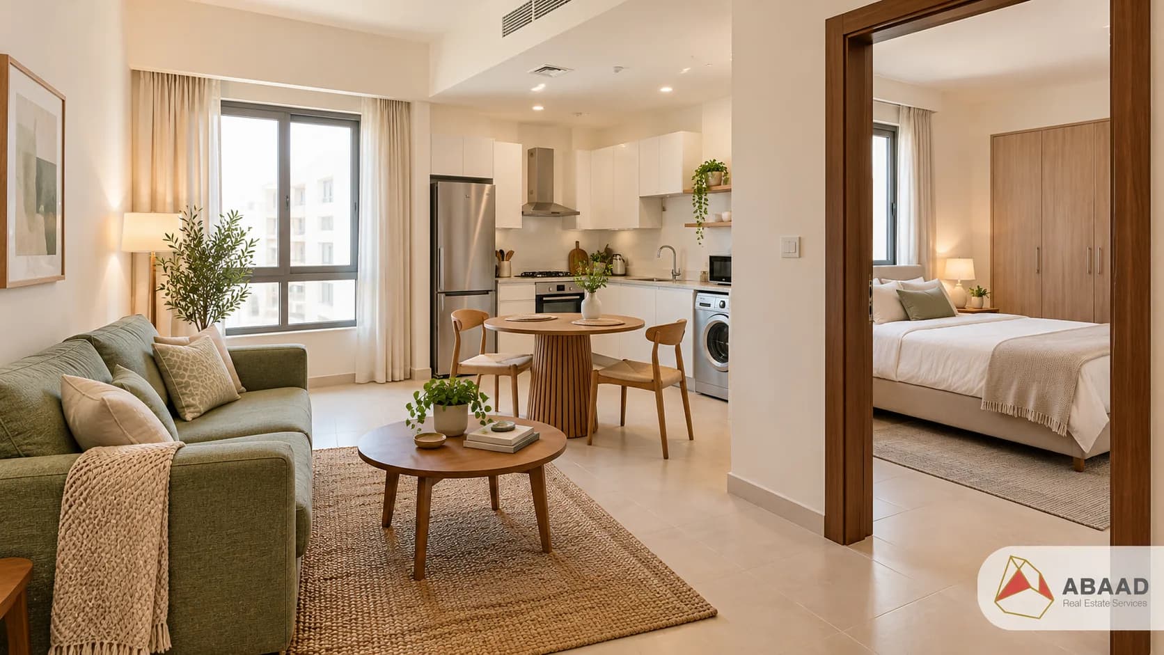 Illustrative furnished one-bedroom apartment with a living area, kitchen and separate bedroom.
