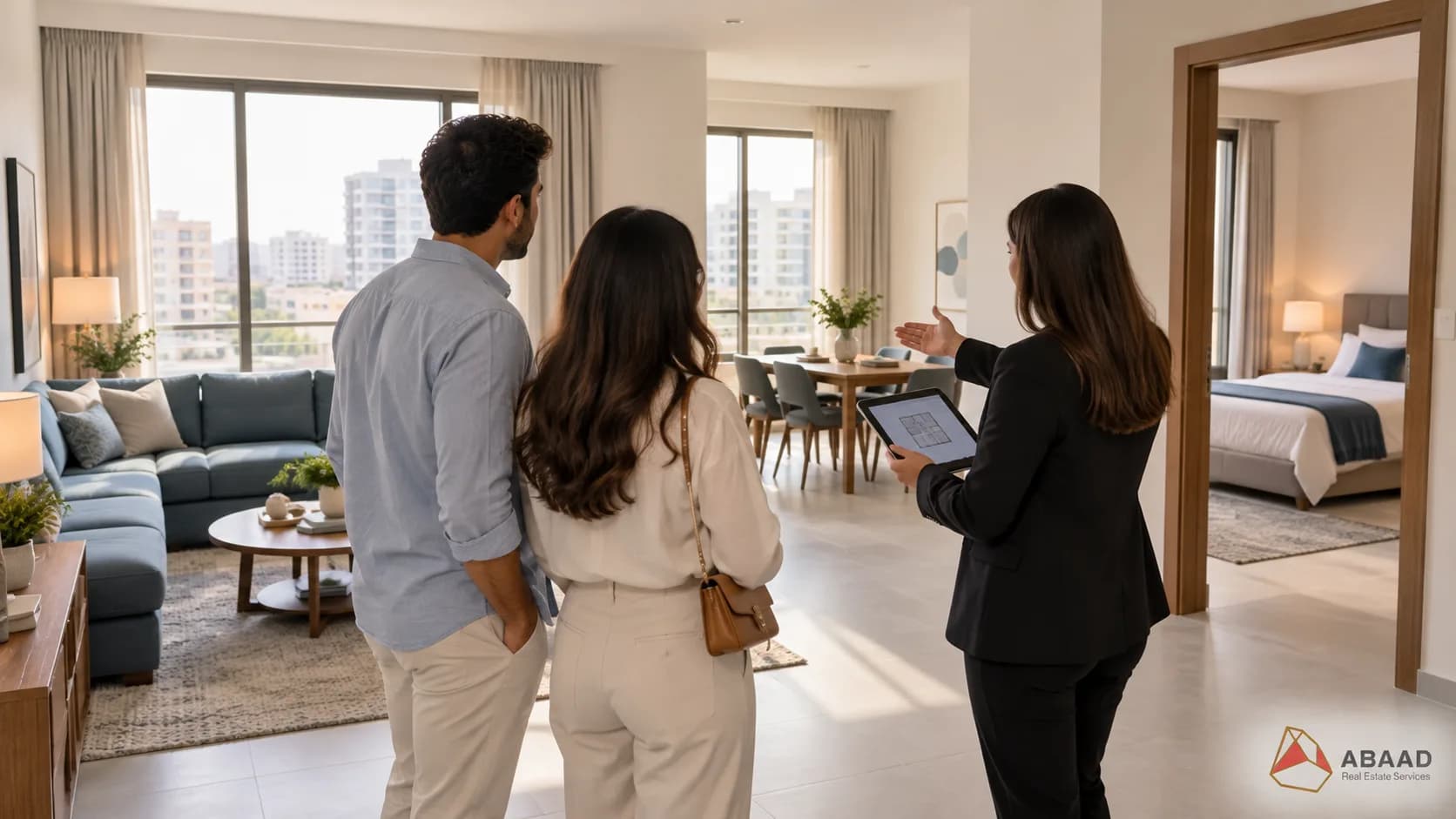 Illustrative apartment viewing with a leasing advisor explaining the layout to prospective tenants.
